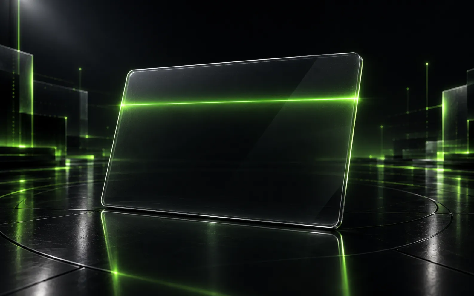 A glass panel standing on a dark floor with a green scan line