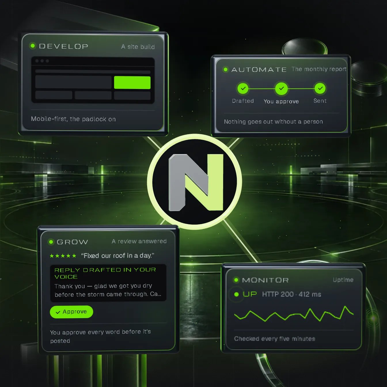 The Natexify system: the circle mark at the centre of four lit modules on a dark stage