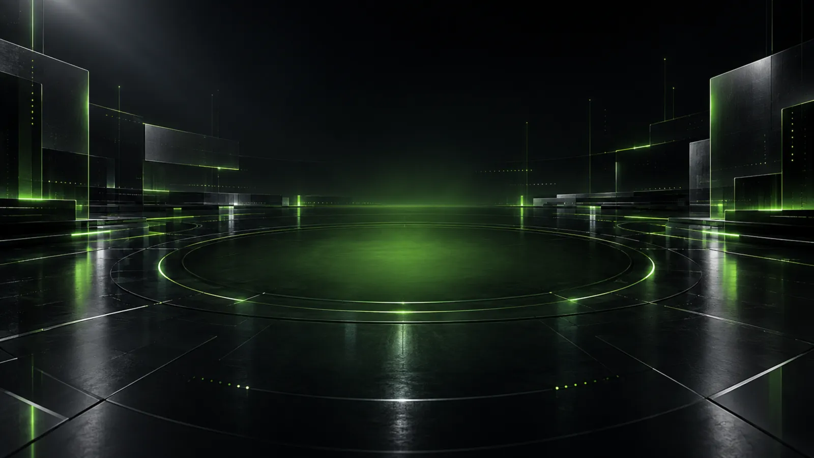 A dark stage floor lit by a green ring, glass panels at its edges