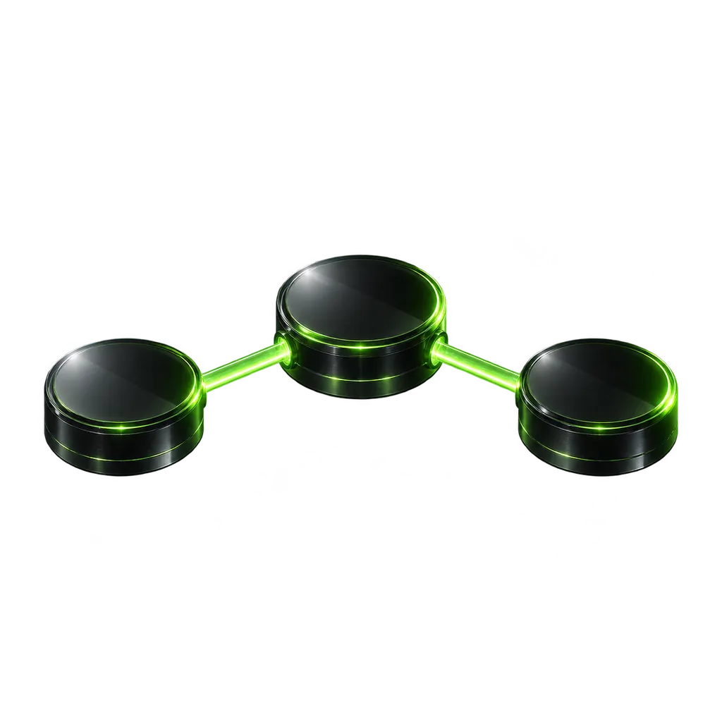 Three glass discs joined by green light