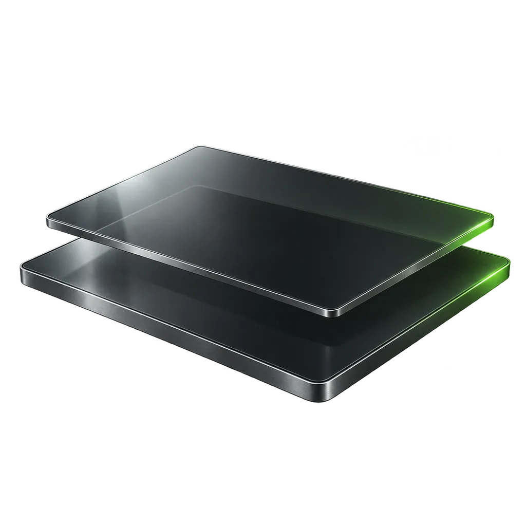 Two stacked glass slabs with a green lit edge