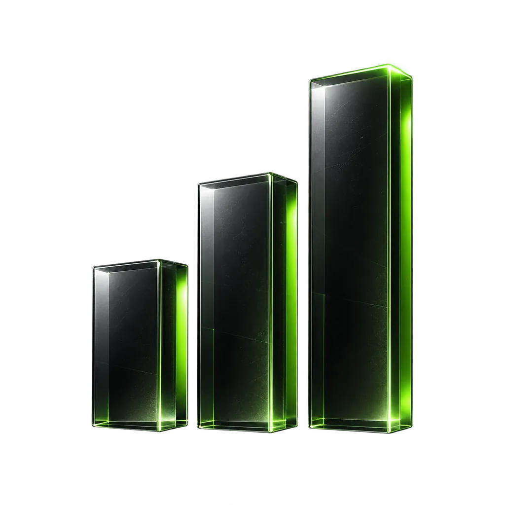 Three rising glass bars edged in green