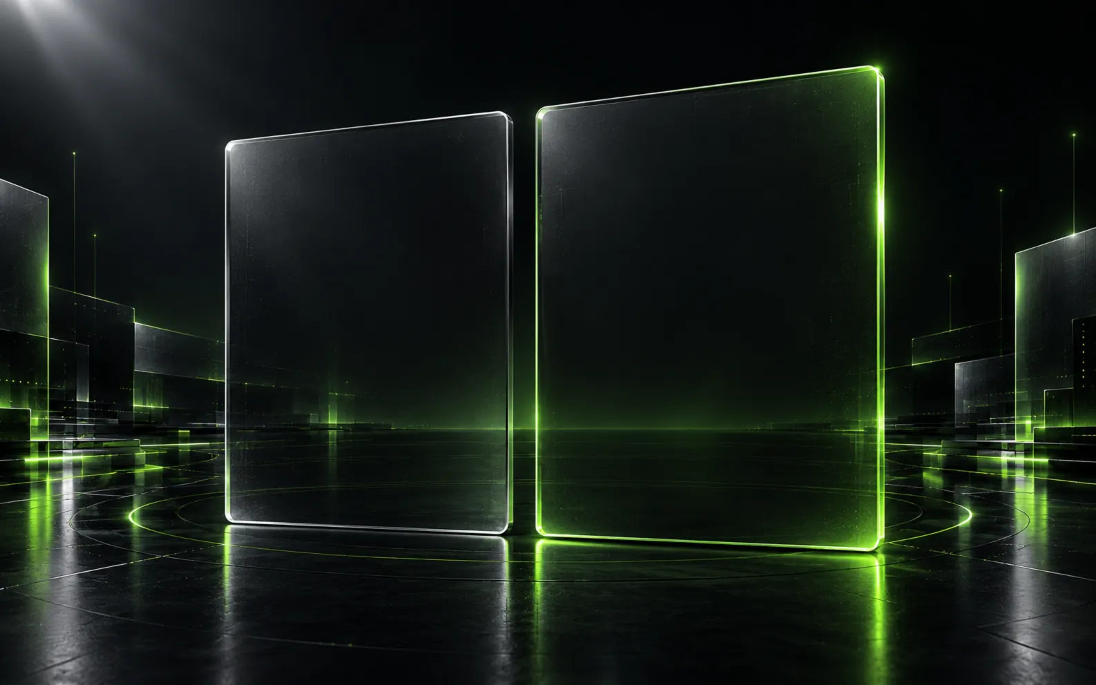 Two standing glass panels on a dark floor, the right one edged in green