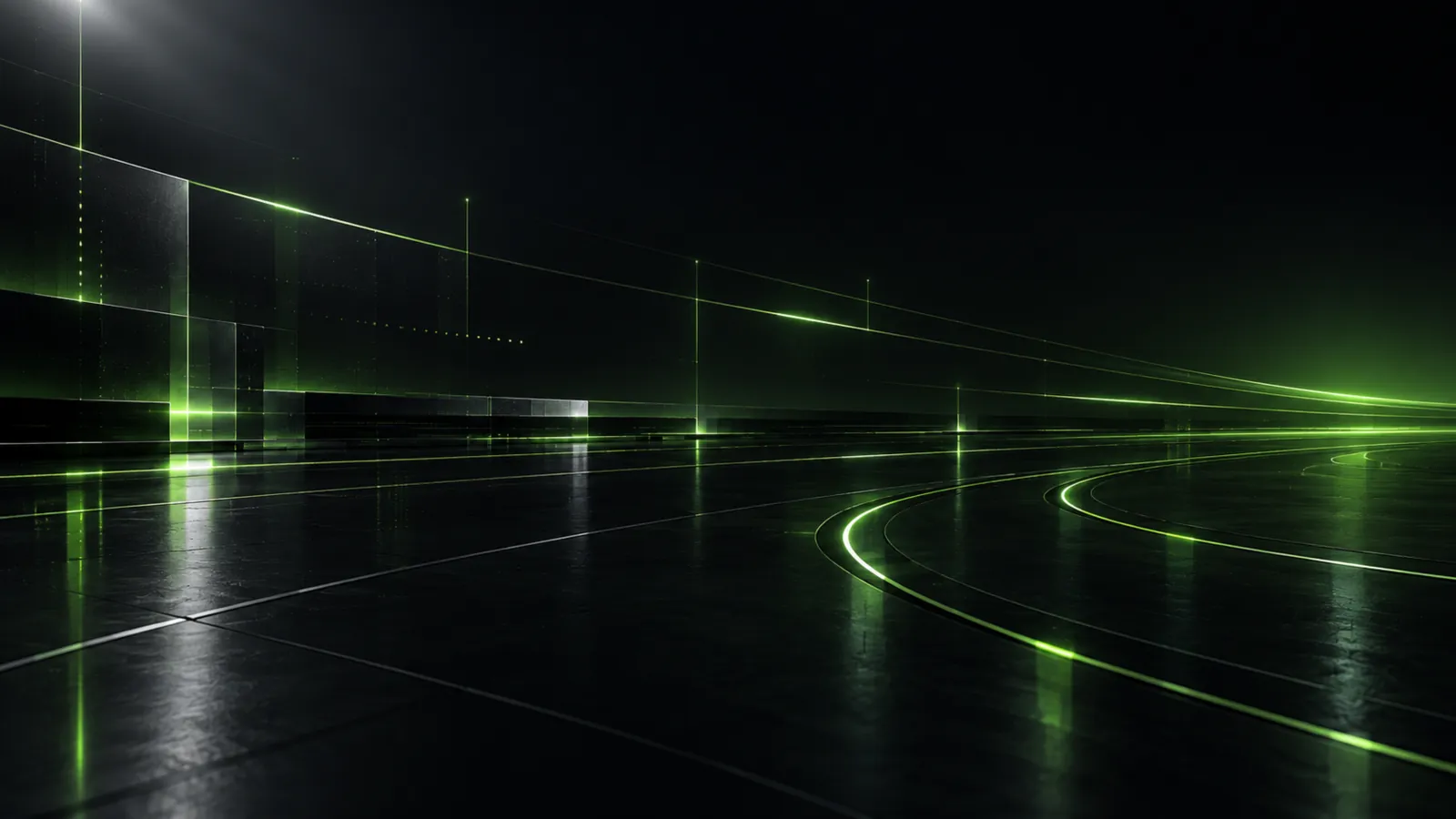 Green signal lines curving across a dark floor