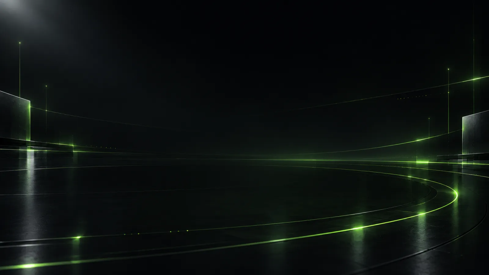 One long green line sweeping across a dark floor
